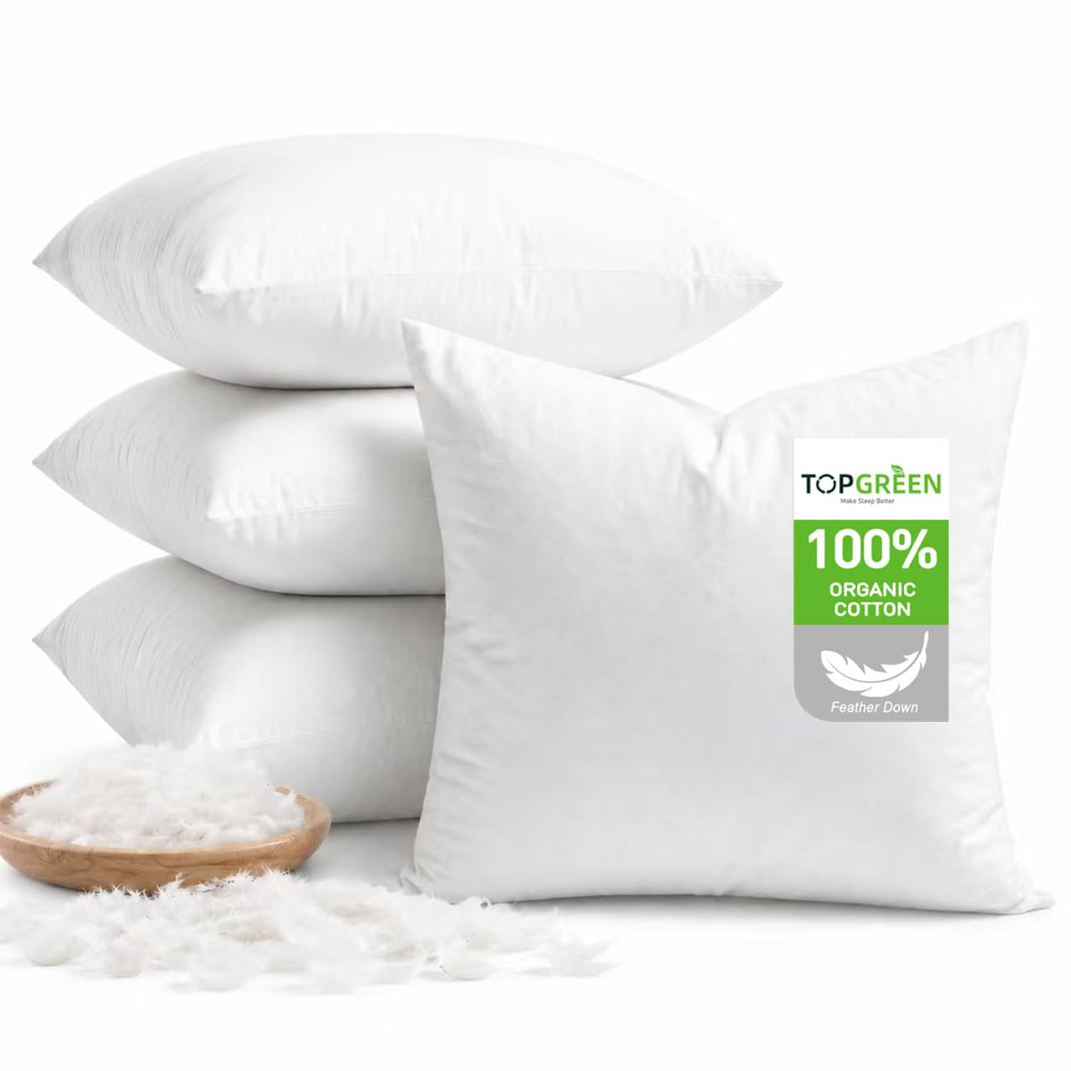 TOPGREEN Feather Down Throw Pillow Inserts 18 x 18, Set of 2, 100% Organic Cotton Shell, Soft Decorative Square Pillows Insert for Living Room Sofa, Couch, or Bed (White)
