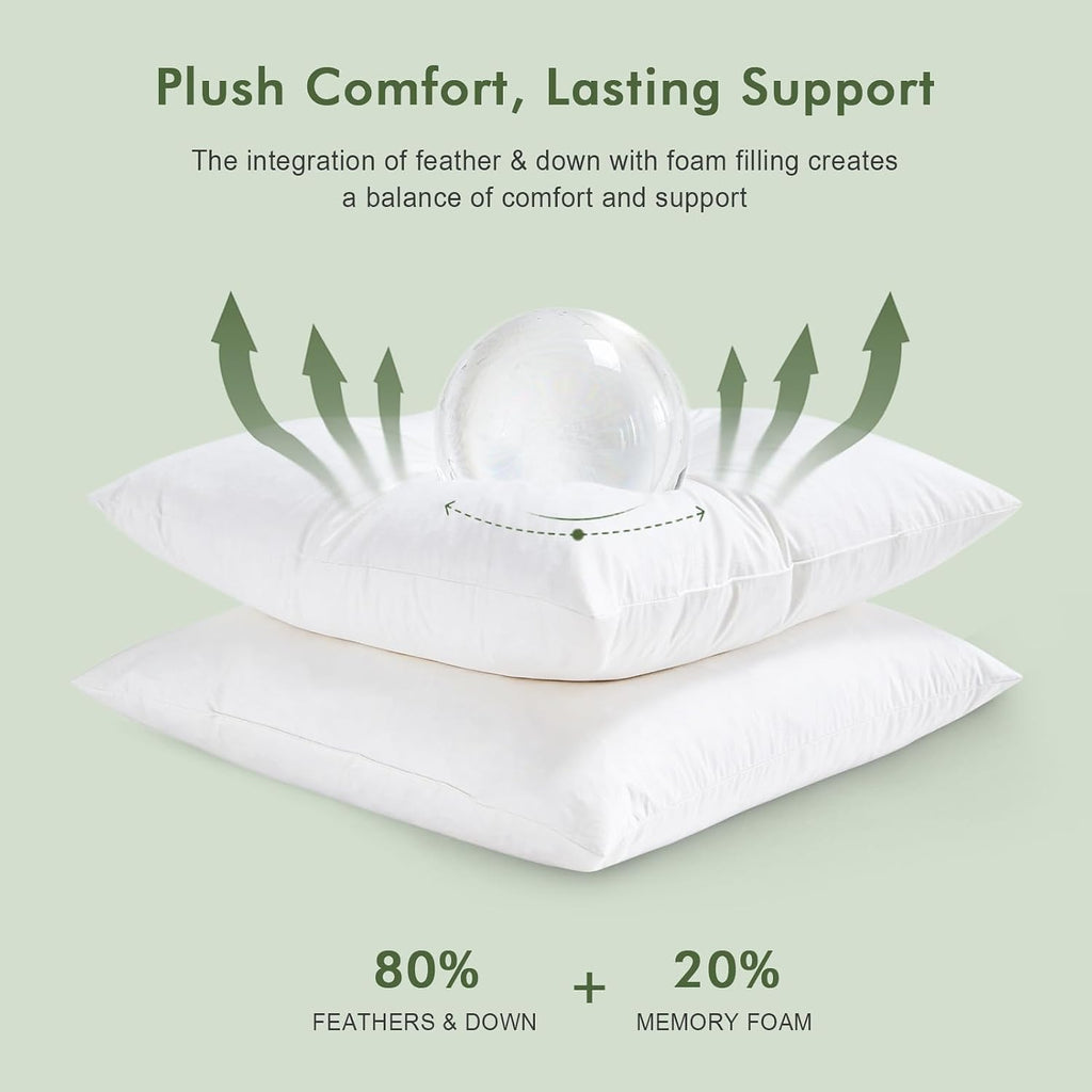 TOPGREEN Feather Down Throw Pillow Inserts 18 x 18, Set of 2, 100% Organic Cotton Shell, Soft Decorative Square Pillows Insert for Living Room Sofa, Couch, or Bed (White)