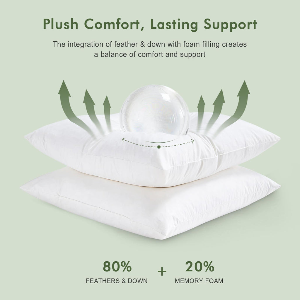 TOPGREEN Feather Down Throw Pillow Inserts 18 x 18, Set of 2, 100% Organic Cotton Shell, Soft Decorative Square Pillows Insert for Living Room Sofa, Couch, or Bed (White)