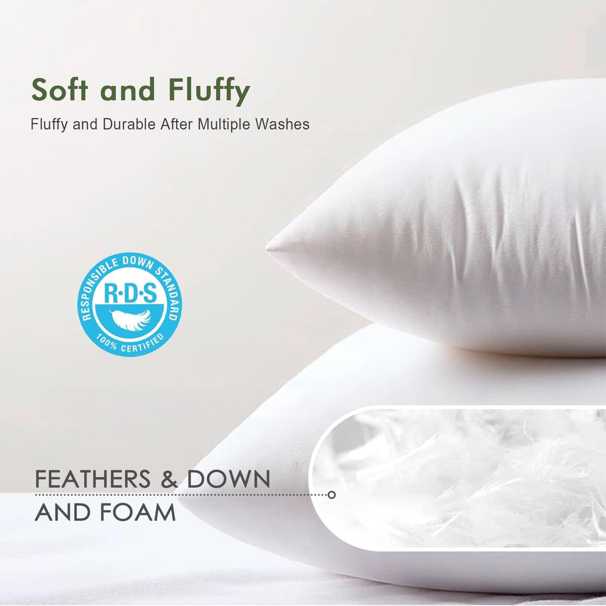 TOPGREEN Feather Down Throw Pillow Inserts 18 x 18, Set of 2, 100% Organic Cotton Shell, Soft Decorative Square Pillows Insert for Living Room Sofa, Couch, or Bed (White)