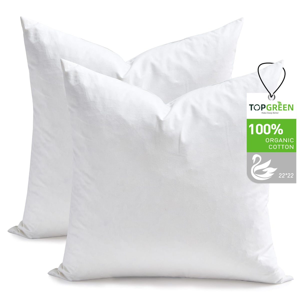 TOPGREEN Feather Down Throw Pillow Inserts 18 x 18, Set of 2, 100% Organic Cotton Shell, Soft Decorative Square Pillows Insert for Living Room Sofa, Couch, or Bed (White)