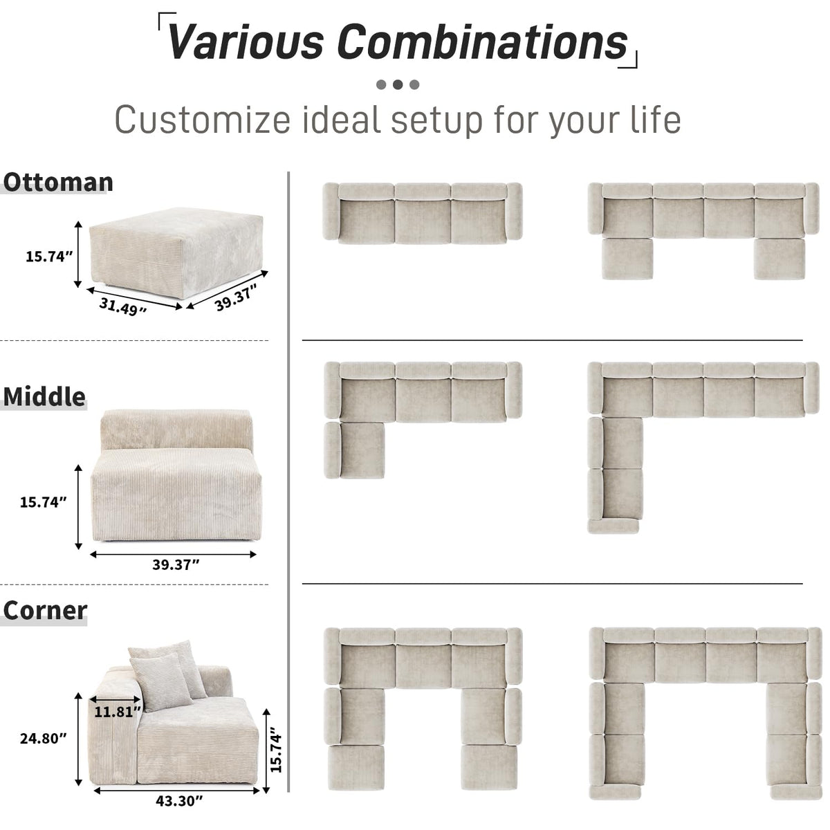 WJShome Cloud Couch Modular Sectional Sofa,141.73inch L Shaped Couch,Oversized Corduroy Couches with Ottoman and Pillows, Beige 4 Seaters Cushion Covers Removable& Washable
