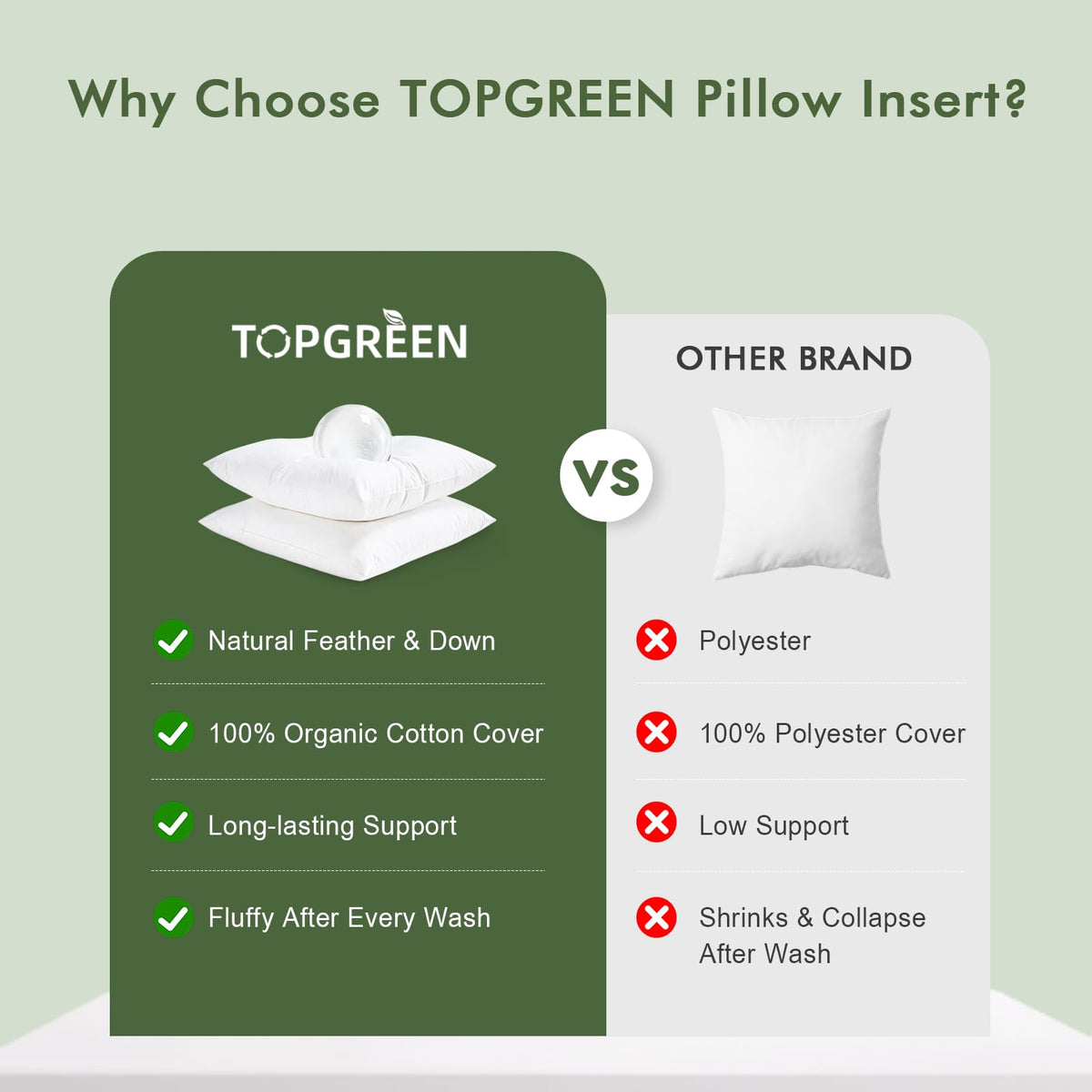 TOPGREEN Feather Down Throw Pillow Inserts 18 x 18, Set of 2, 100% Organic Cotton Shell, Soft Decorative Square Pillows Insert for Living Room Sofa, Couch, or Bed (White)