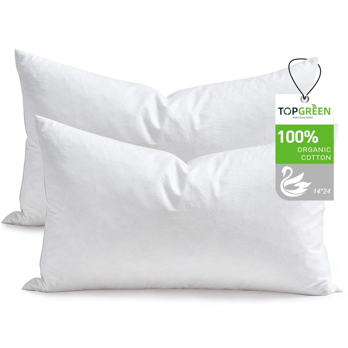 TOPGREEN Feather Down Throw Pillow Inserts 18 x 18, Set of 2, 100% Organic Cotton Shell, Soft Decorative Square Pillows Insert for Living Room Sofa, Couch, or Bed (White)