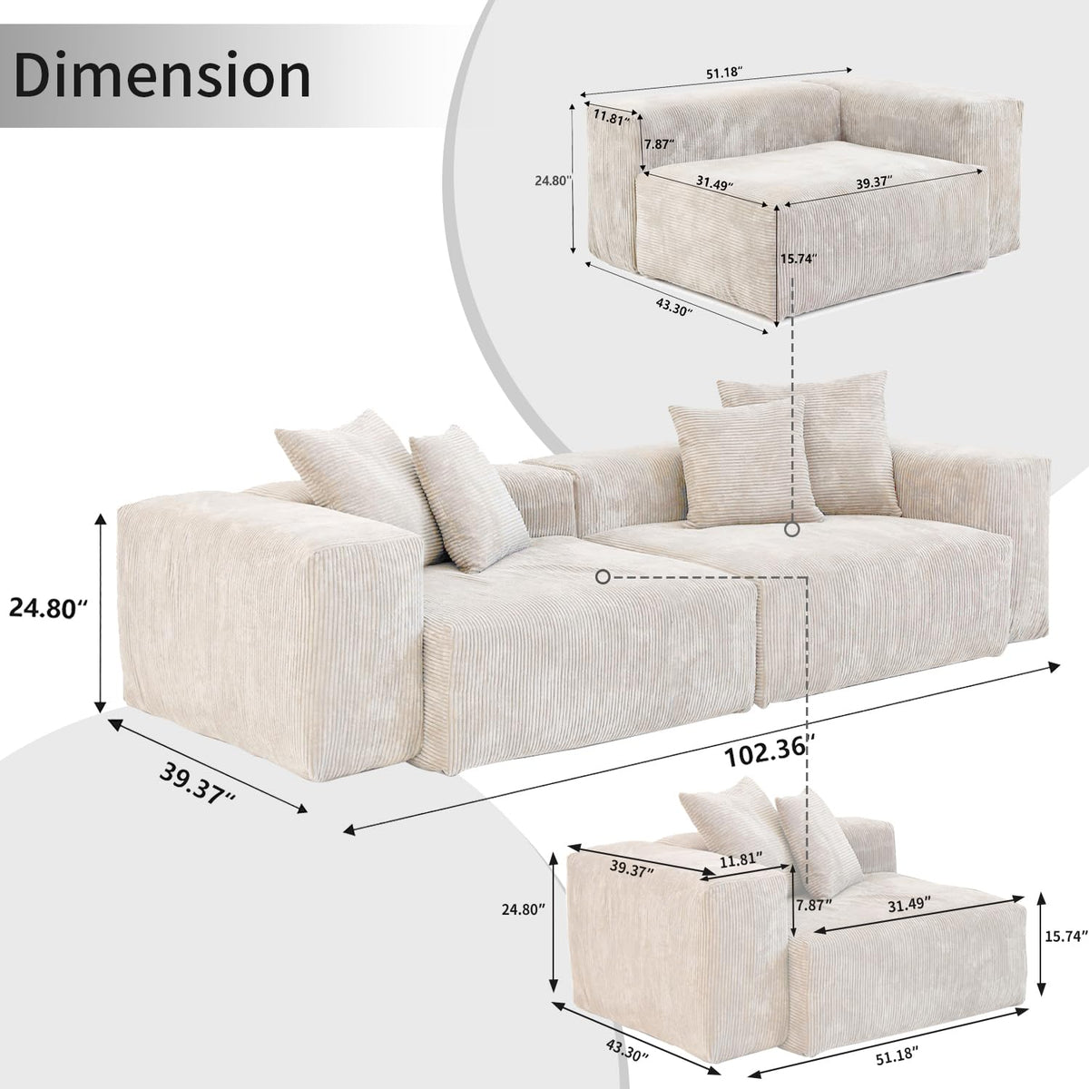 WJShome Cloud Couch Modular Sectional Sofa,141.73inch L Shaped Couch,Oversized Corduroy Couches with Ottoman and Pillows, Beige 4 Seaters Cushion Covers Removable& Washable