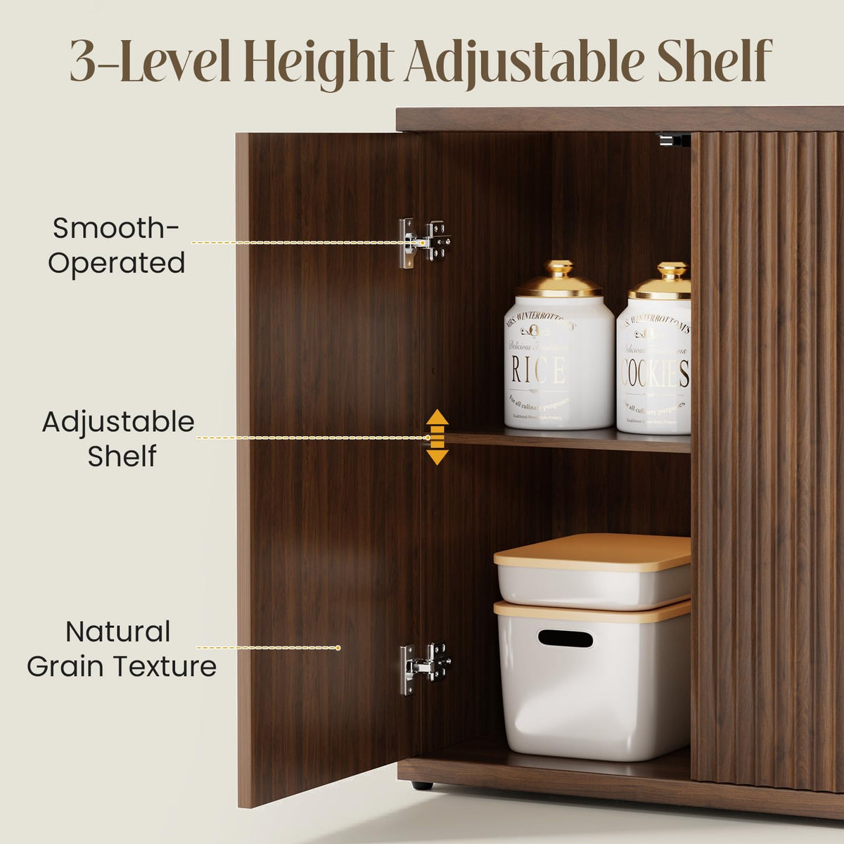 Fluted Buffet Cabinet with Storage Sideboard with 2 Doors & Adjustable Shelf