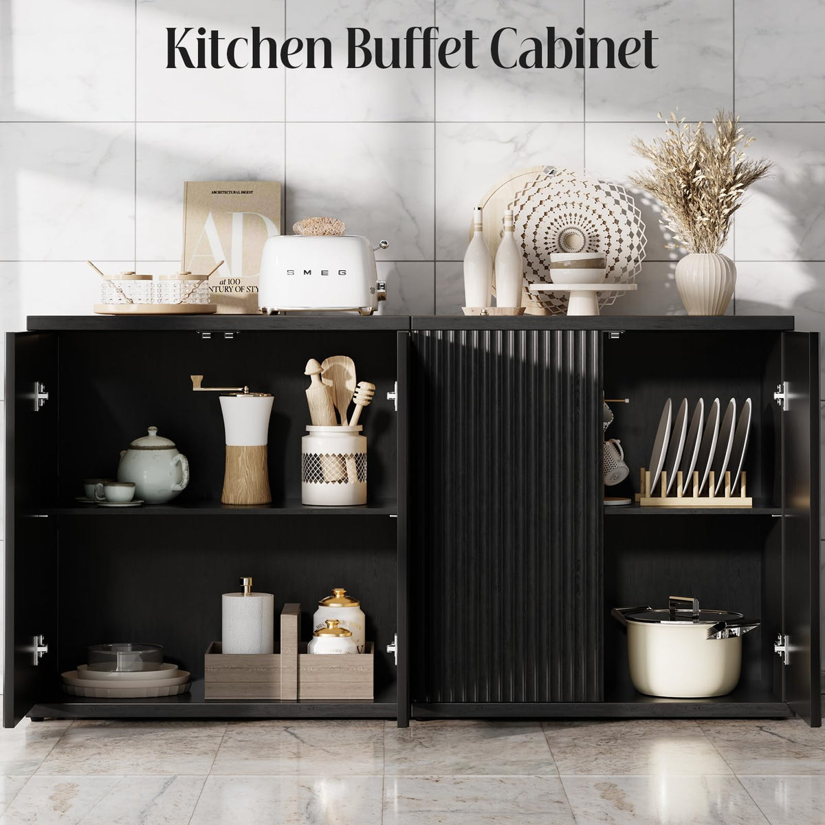Fluted Buffet Cabinet with Storage Sideboard with 2 Doors & Adjustable Shelf