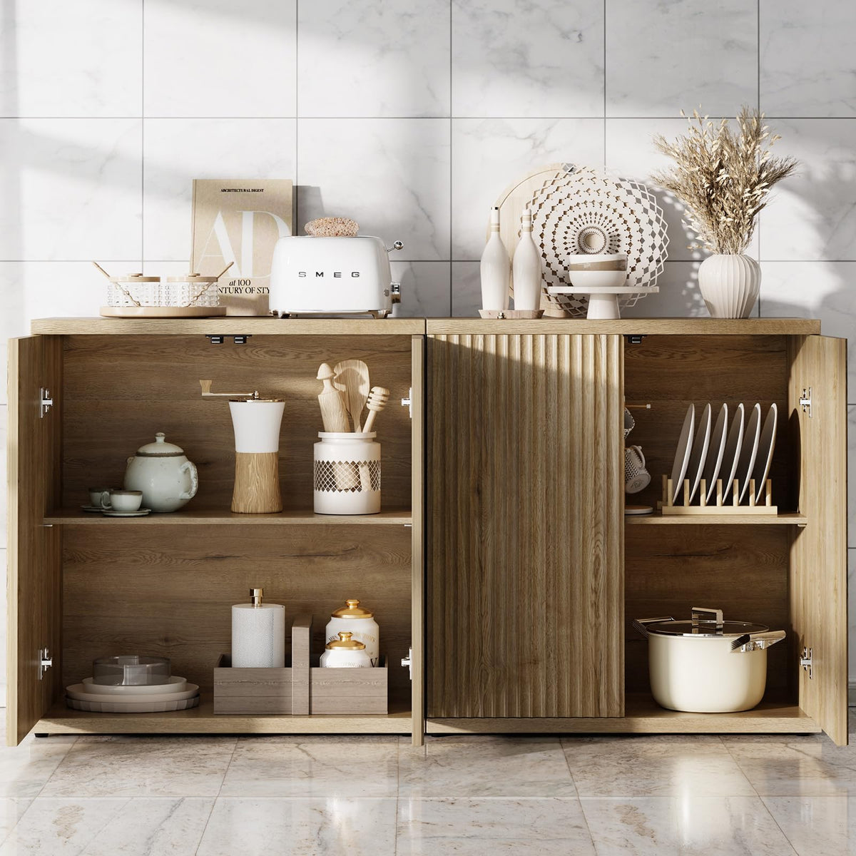 Fluted Buffet Cabinet with Storage Sideboard with 2 Doors & Adjustable Shelf