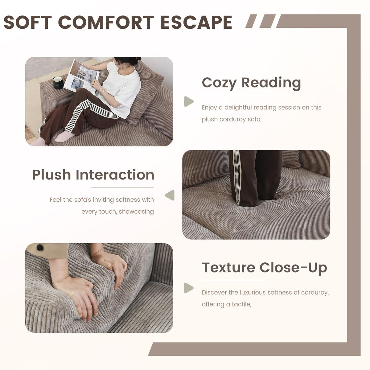 WJShome Cloud Couch Modular Sectional Sofa,141.73inch L Shaped Couch,Oversized Corduroy Couches with Ottoman and Pillows, Beige 4 Seaters Cushion Covers Removable& Washable