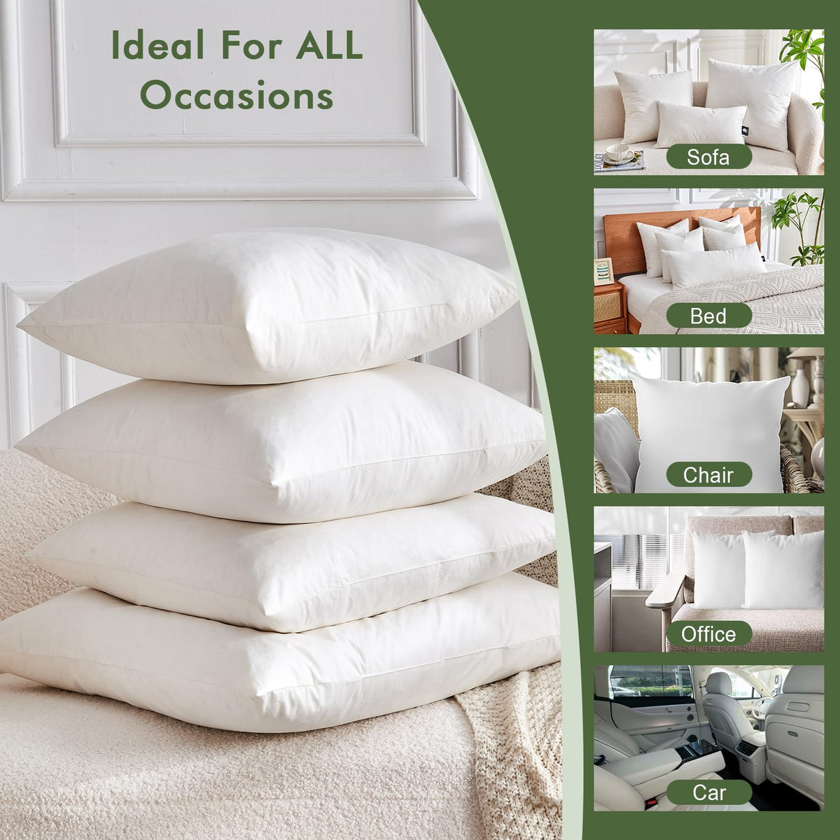 TOPGREEN Feather Down Throw Pillow Inserts 18 x 18, Set of 2, 100% Organic Cotton Shell, Soft Decorative Square Pillows Insert for Living Room Sofa, Couch, or Bed (White)