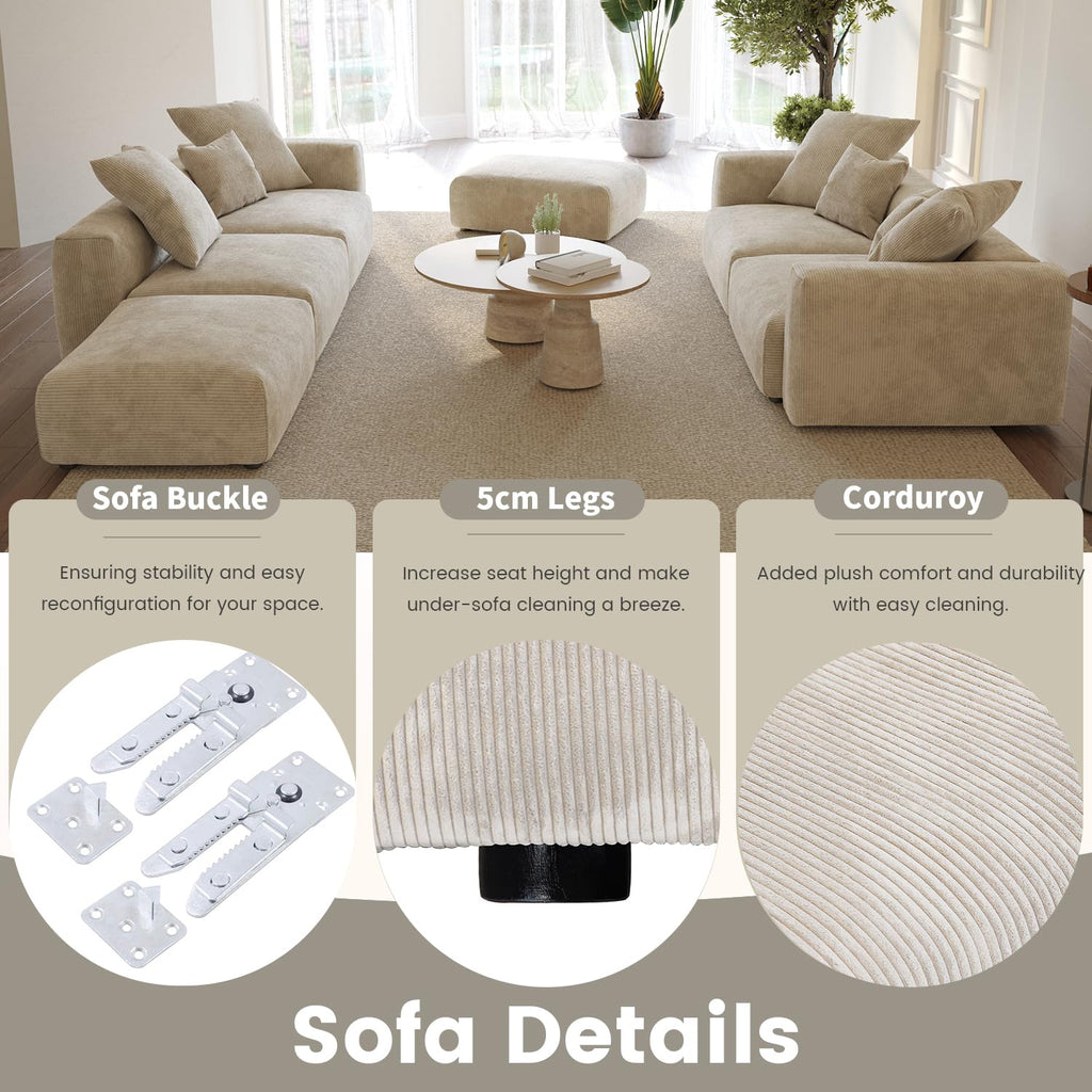 WJShome Cloud Couch Modular Sectional Sofa,141.73inch L Shaped Couch,Oversized Corduroy Couches with Ottoman and Pillows, Beige 4 Seaters Cushion Covers Removable& Washable