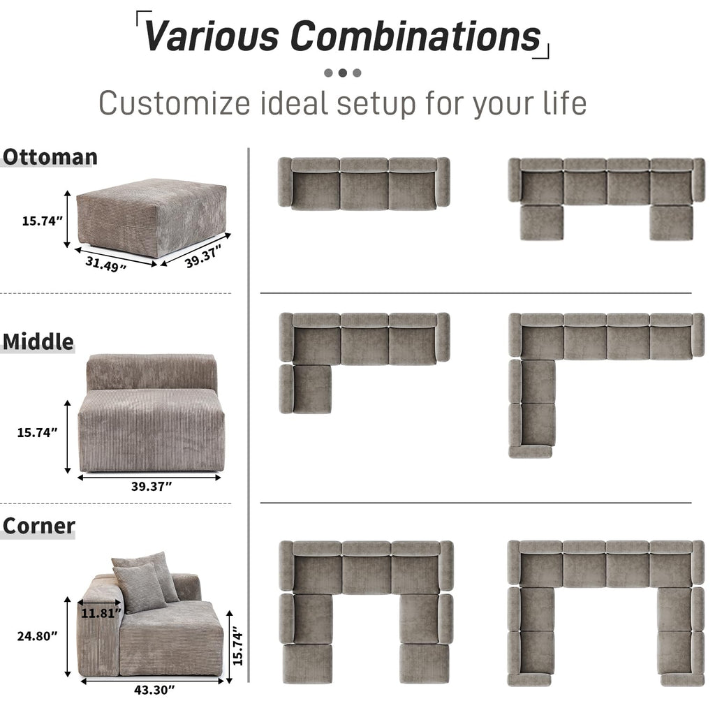 WJShome Cloud Couch Modular Sectional Sofa,141.73inch L Shaped Couch,Oversized Corduroy Couches with Ottoman and Pillows, Beige 4 Seaters Cushion Covers Removable& Washable