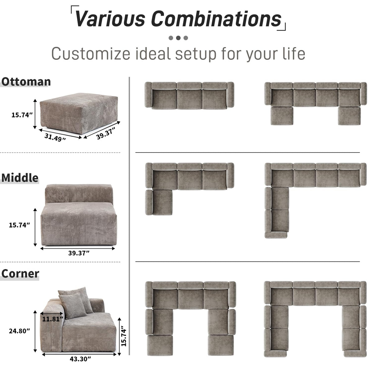 WJShome Cloud Couch Modular Sectional Sofa,141.73inch L Shaped Couch,Oversized Corduroy Couches with Ottoman and Pillows, Beige 4 Seaters Cushion Covers Removable& Washable