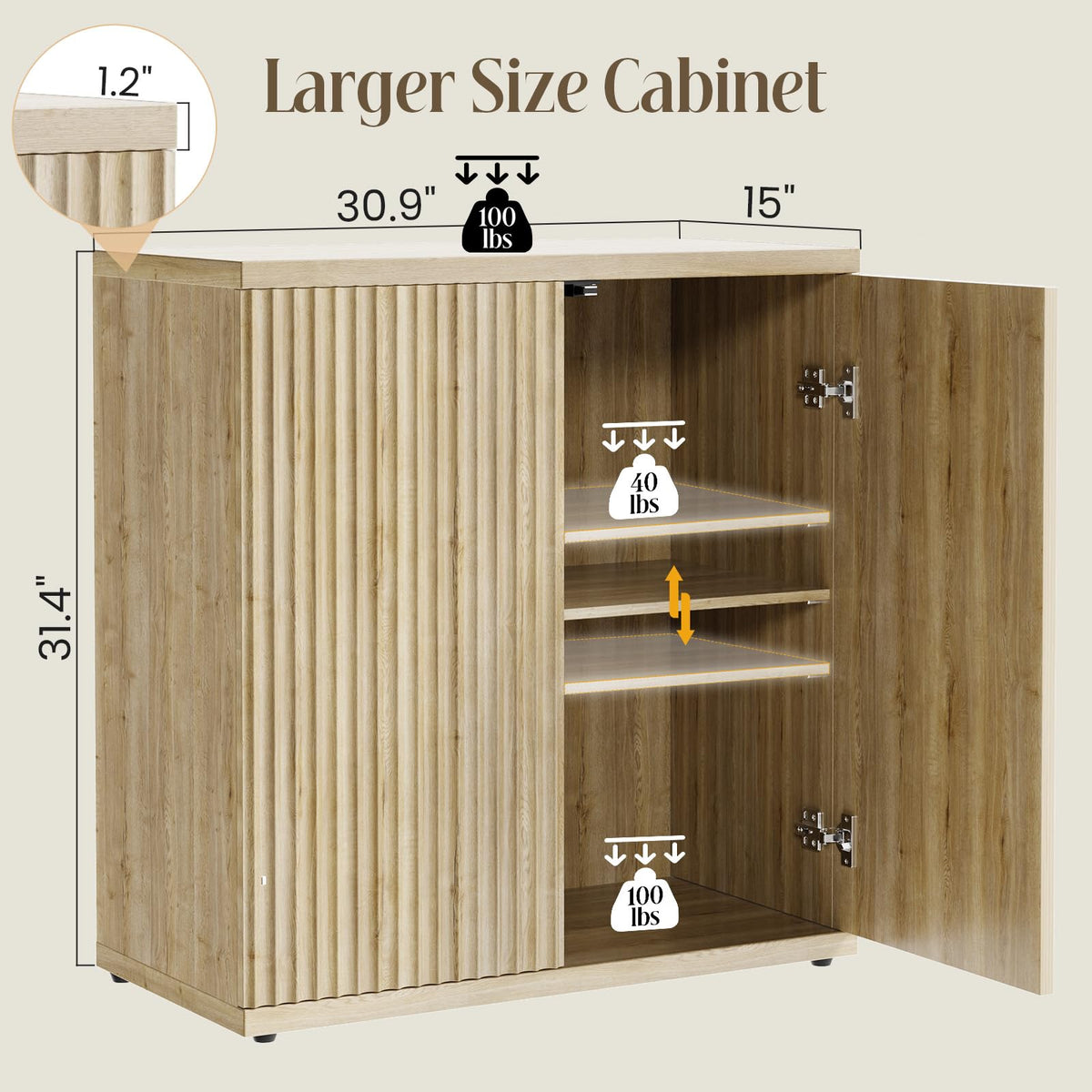 Fluted Buffet Cabinet with Storage Sideboard with 2 Doors & Adjustable Shelf