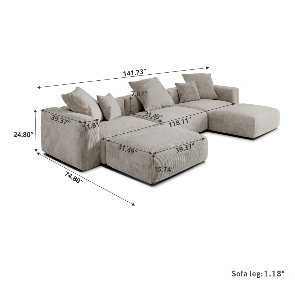 WJShome Cloud Couch Modular Sectional Sofa,141.73inch L Shaped Couch,Oversized Corduroy Couches with Ottoman and Pillows, Beige 4 Seaters Cushion Covers Removable& Washable