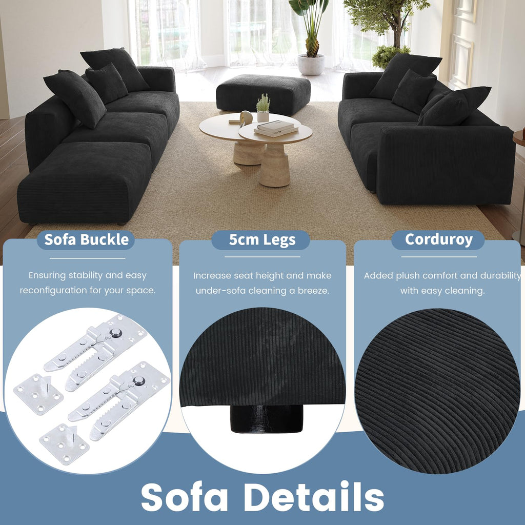 WJShome Cloud Couch Modular Sectional Sofa,141.73inch L Shaped Couch,Oversized Corduroy Couches with Ottoman and Pillows, Beige 4 Seaters Cushion Covers Removable& Washable