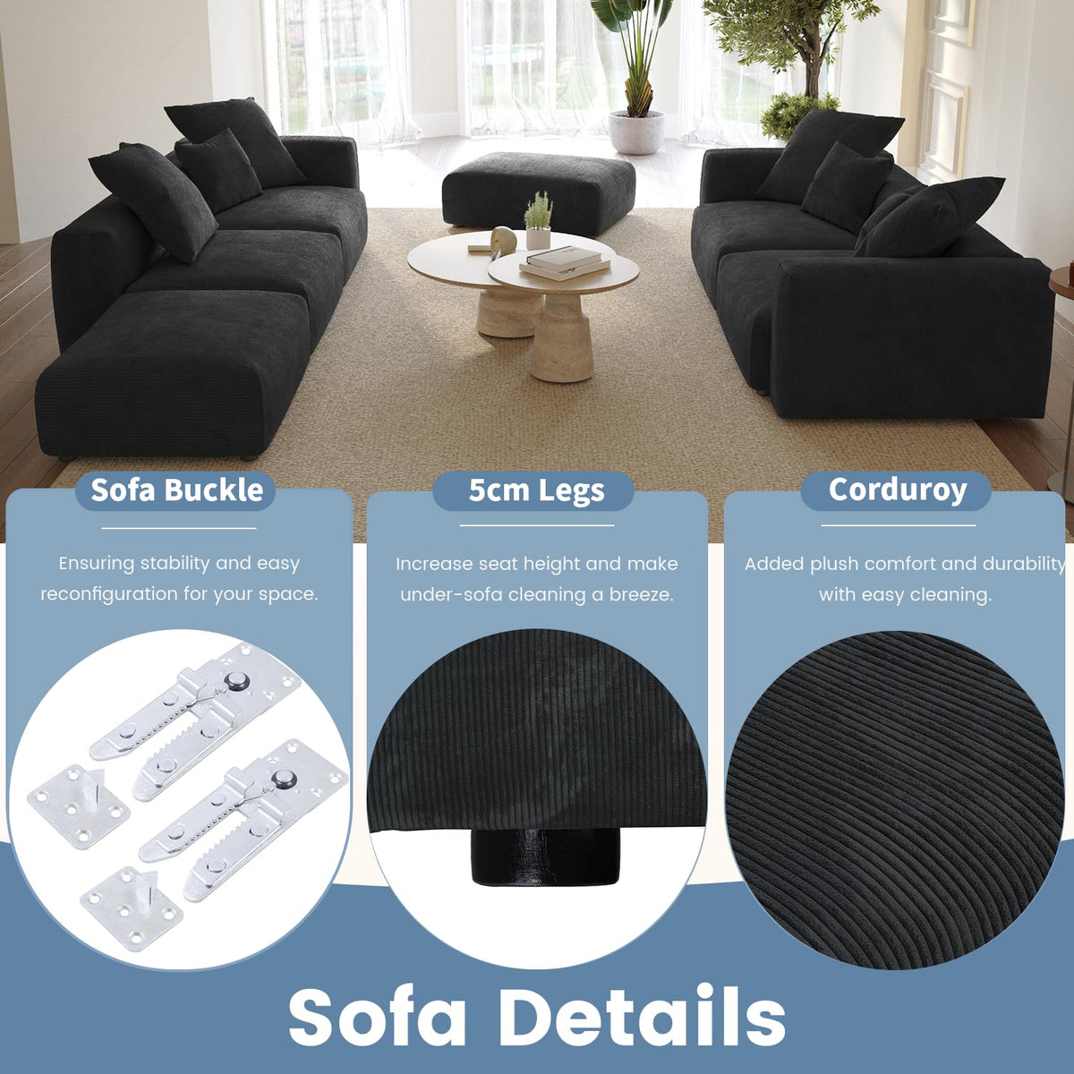 WJShome Cloud Couch Modular Sectional Sofa,141.73inch L Shaped Couch,Oversized Corduroy Couches with Ottoman and Pillows, Beige 4 Seaters Cushion Covers Removable& Washable