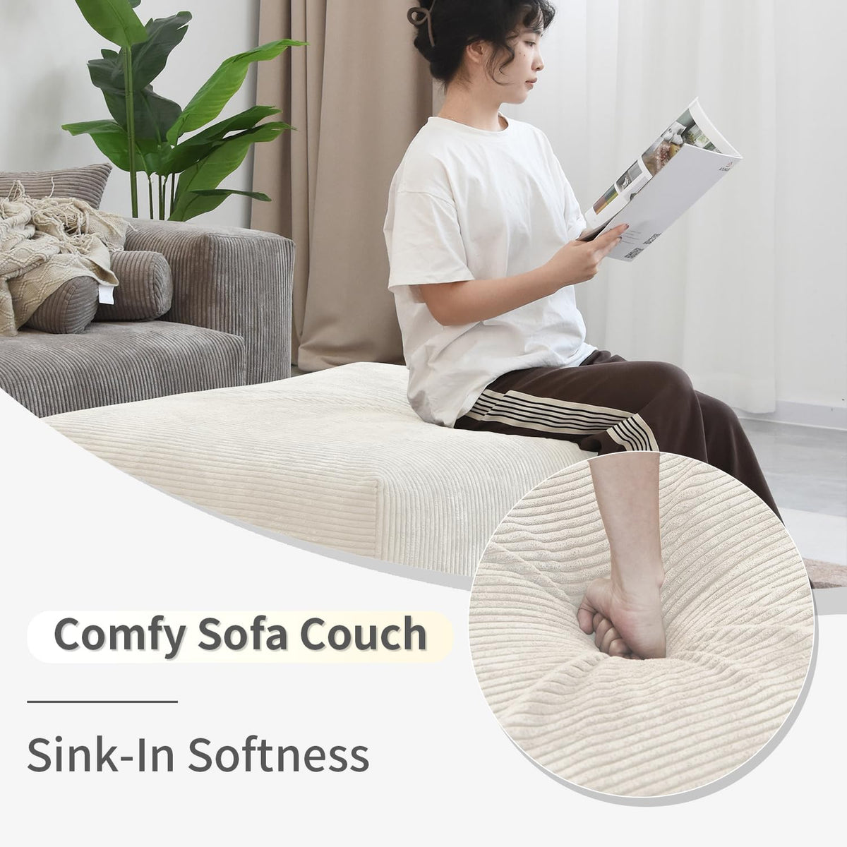 WJShome Cloud Couch Modular Sectional Sofa,141.73inch L Shaped Couch,Oversized Corduroy Couches with Ottoman and Pillows, Beige 4 Seaters Cushion Covers Removable& Washable