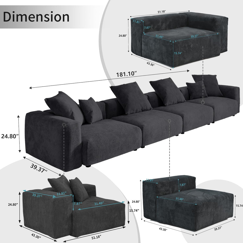 WJShome Cloud Couch Modular Sectional Sofa,141.73inch L Shaped Couch,Oversized Corduroy Couches with Ottoman and Pillows, Beige 4 Seaters Cushion Covers Removable& Washable