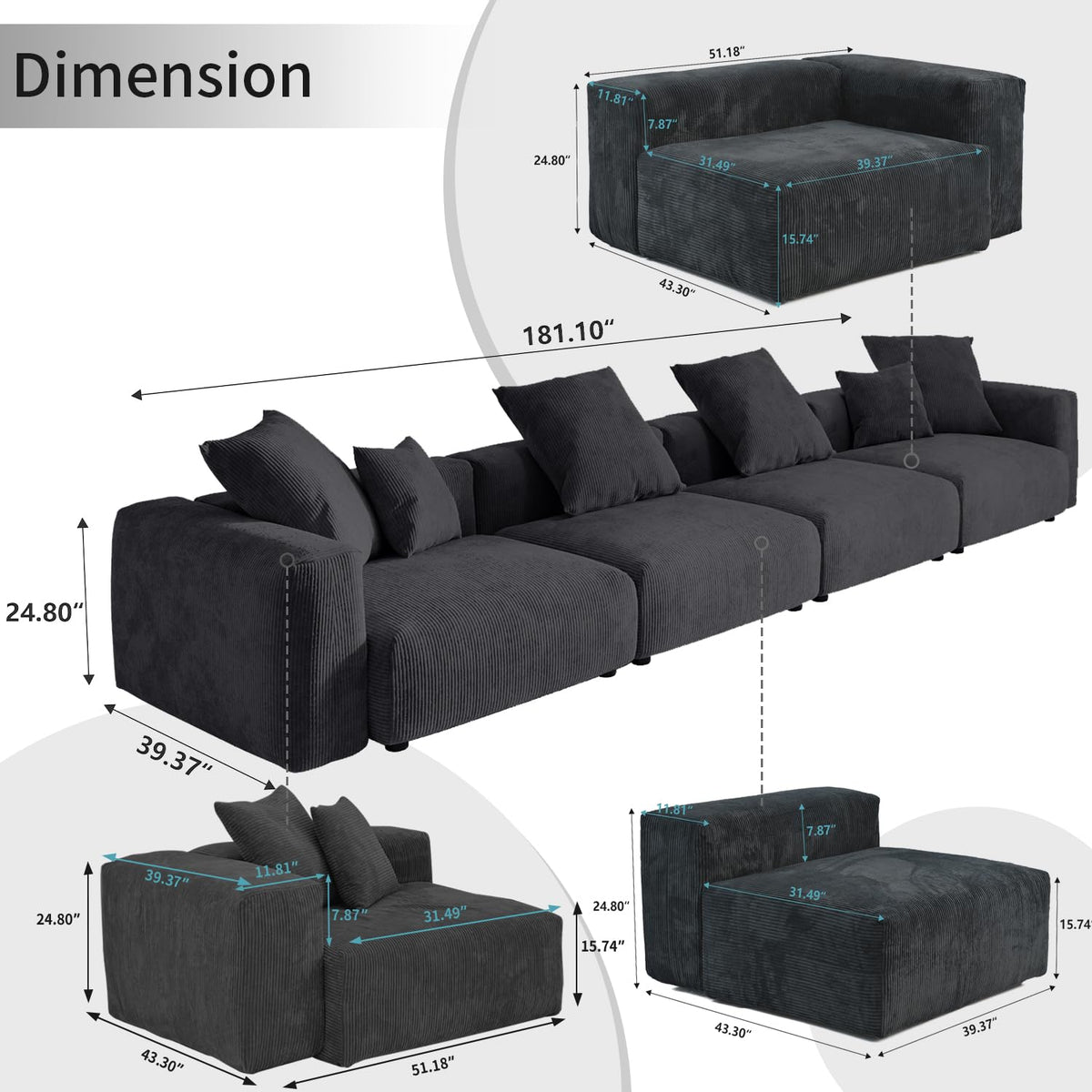 WJShome Cloud Couch Modular Sectional Sofa,141.73inch L Shaped Couch,Oversized Corduroy Couches with Ottoman and Pillows, Beige 4 Seaters Cushion Covers Removable& Washable