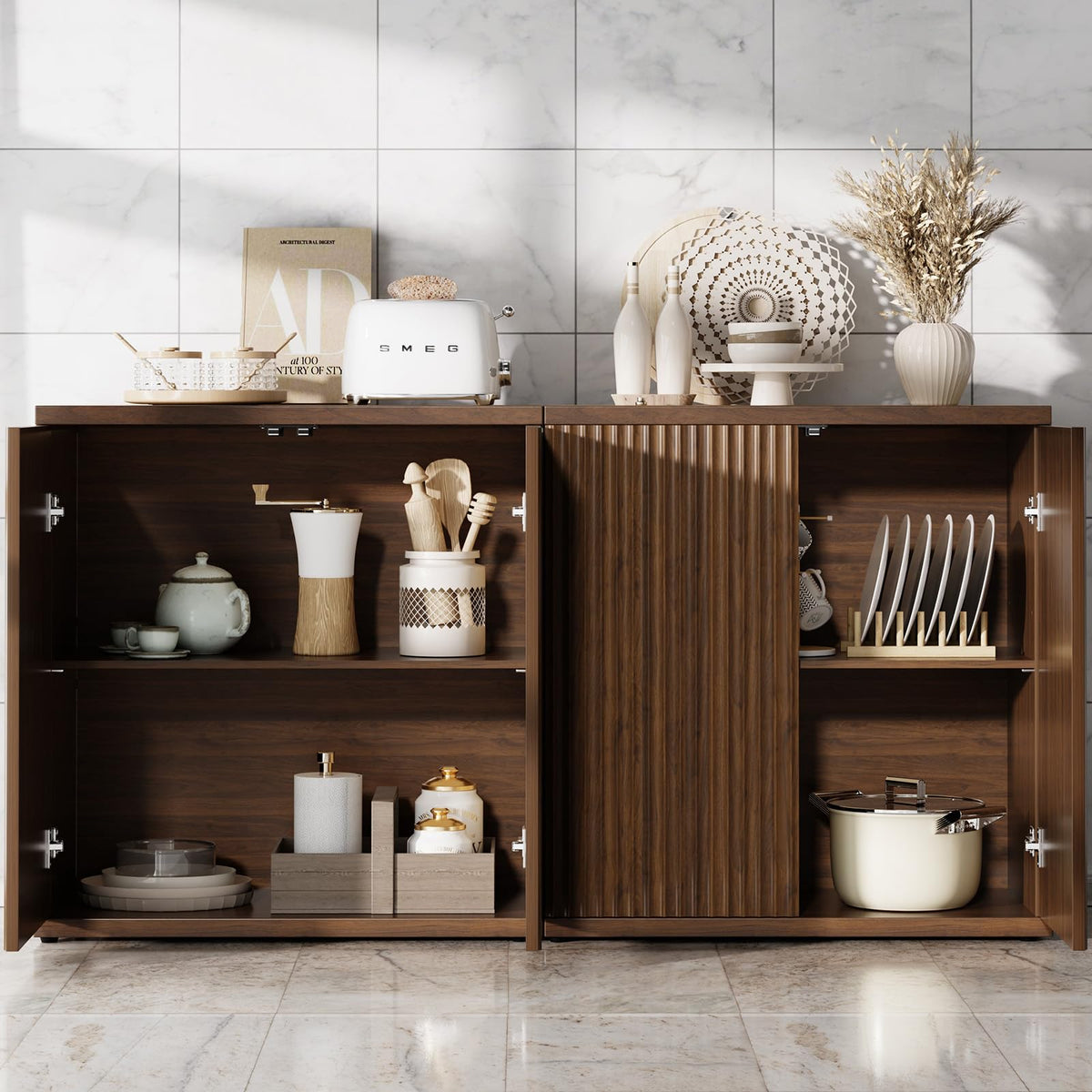 Fluted Buffet Cabinet with Storage Sideboard with 2 Doors & Adjustable Shelf