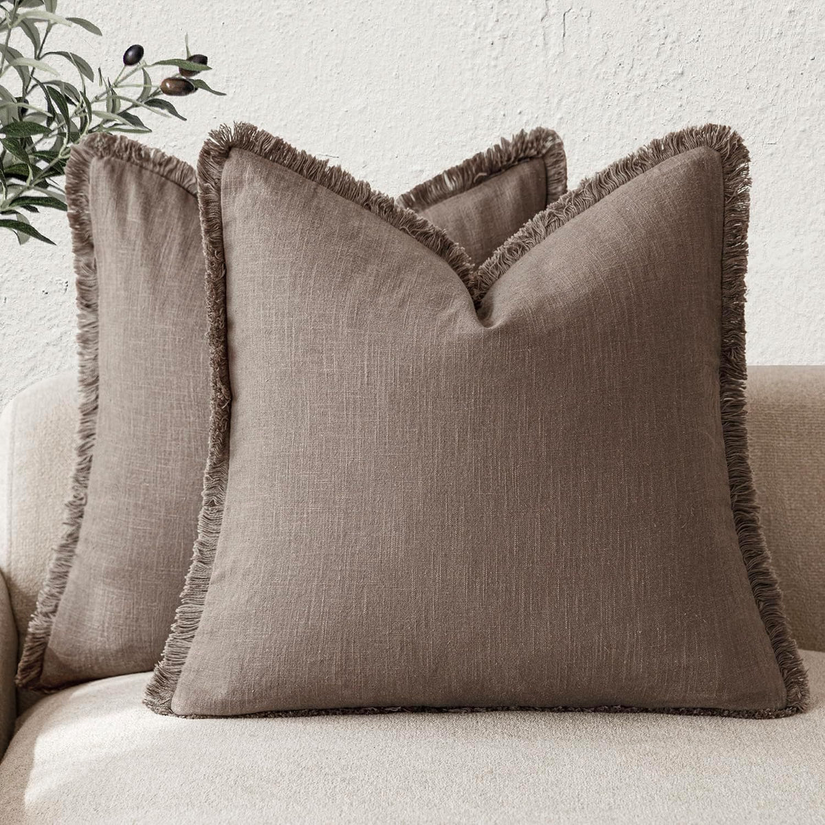 Foindtower Decorative Linen Fringe Throw Pillow Covers 24×24 Olive Green