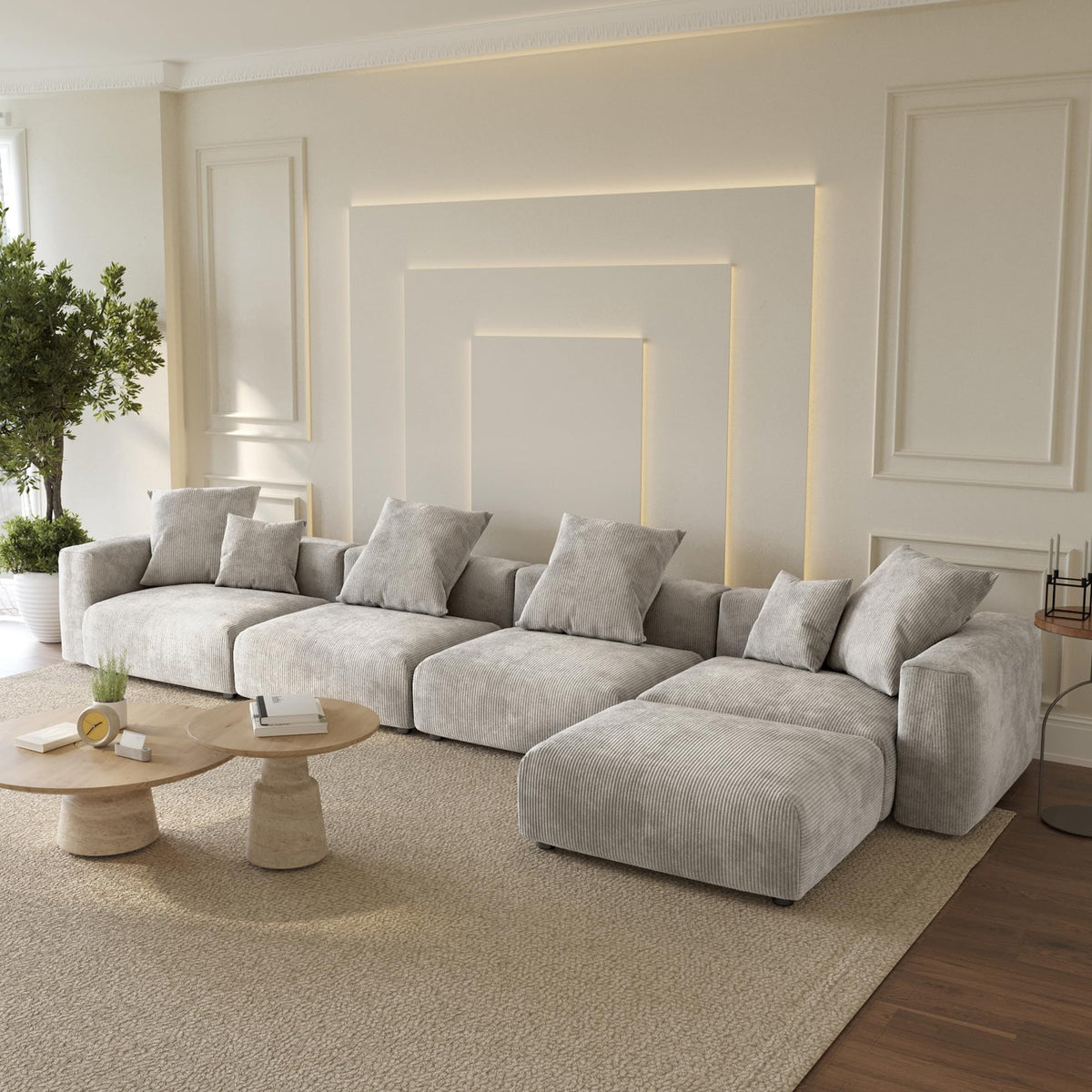 WJShome Cloud Couch Modular Sectional Sofa,141.73inch L Shaped Couch,Oversized Corduroy Couches with Ottoman and Pillows, Beige 4 Seaters Cushion Covers Removable& Washable