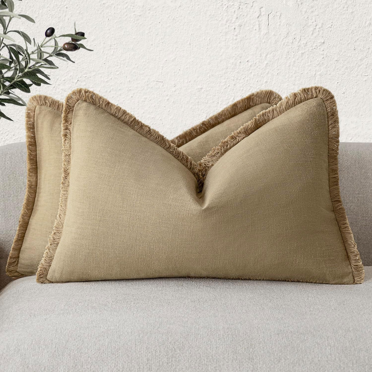 Foindtower Decorative Linen Fringe Throw Pillow Covers 24×24 Olive Green