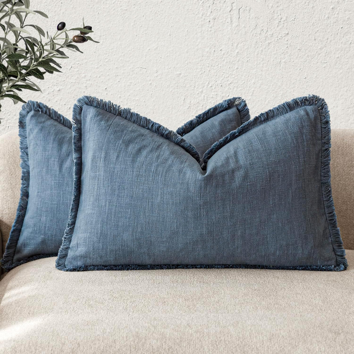 Foindtower Decorative Linen Fringe Throw Pillow Covers 24×24 Olive Green
