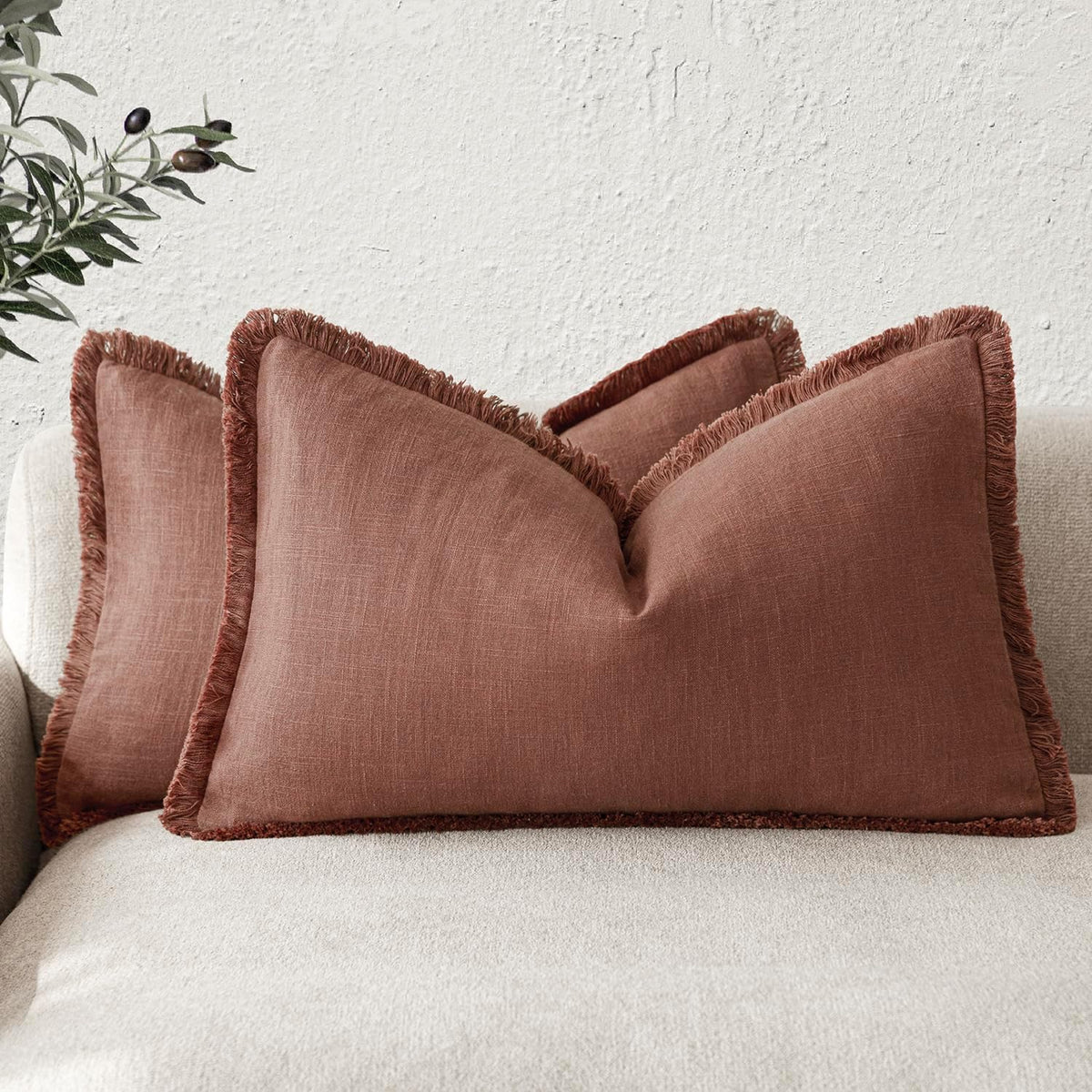 Foindtower Decorative Linen Fringe Throw Pillow Covers 24×24 Olive Green