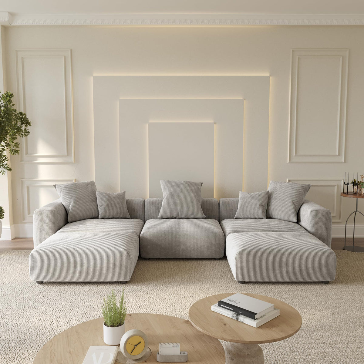 WJShome Cloud Couch Modular Sectional Sofa,141.73inch L Shaped Couch,Oversized Corduroy Couches with Ottoman and Pillows, Beige 4 Seaters Cushion Covers Removable& Washable