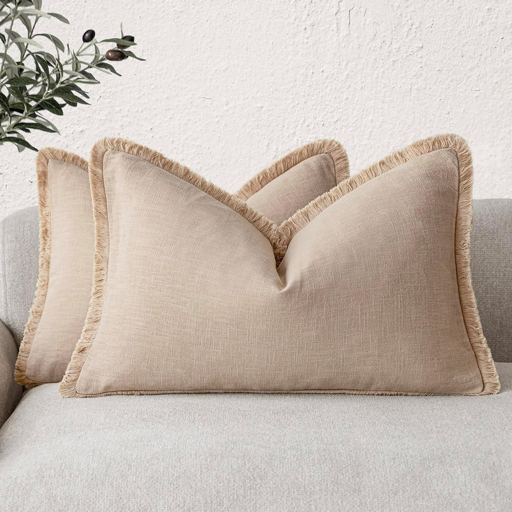 Foindtower Decorative Linen Fringe Throw Pillow Covers 24×24 Olive Green