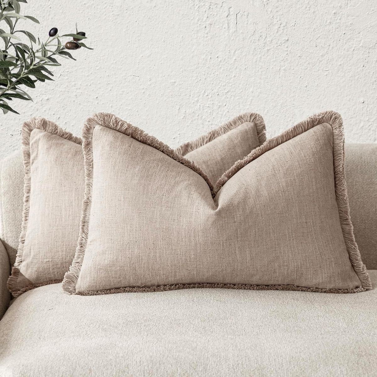 Foindtower Decorative Linen Fringe Throw Pillow Covers 24×24 Olive Green