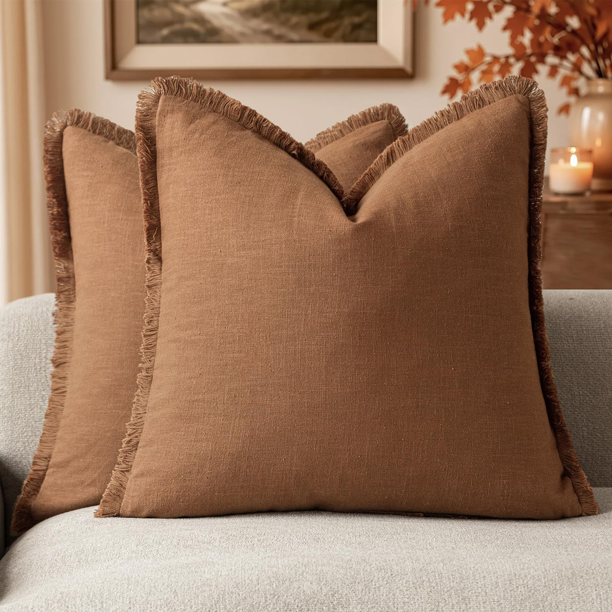 Foindtower Decorative Linen Fringe Throw Pillow Covers 24×24 Olive Green