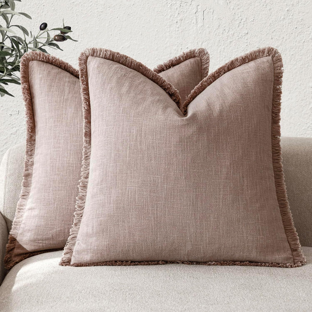 Foindtower Decorative Linen Fringe Throw Pillow Covers 24×24 Olive Green