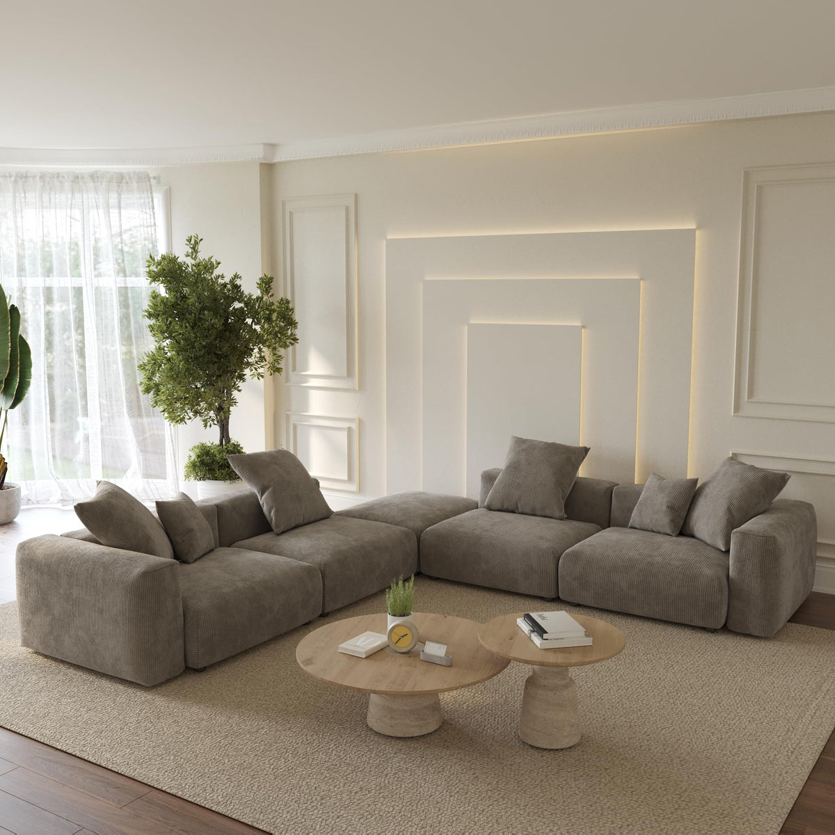 WJShome Cloud Couch Modular Sectional Sofa,141.73inch L Shaped Couch,Oversized Corduroy Couches with Ottoman and Pillows, Beige 4 Seaters Cushion Covers Removable& Washable