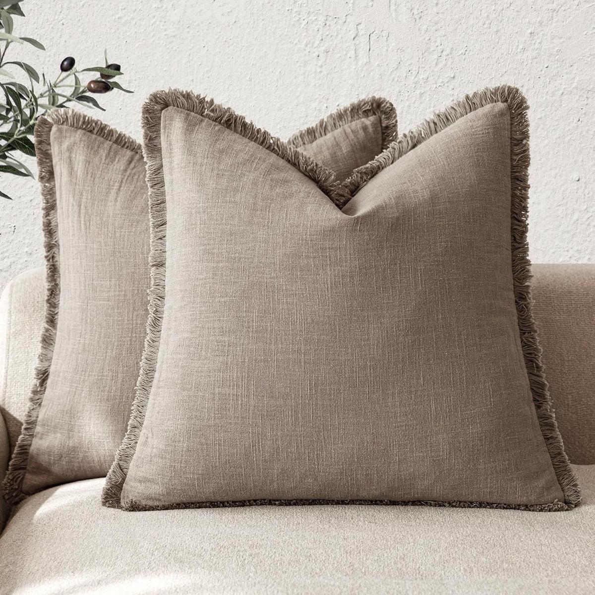 Foindtower Decorative Linen Fringe Throw Pillow Covers 24×24 Olive Green
