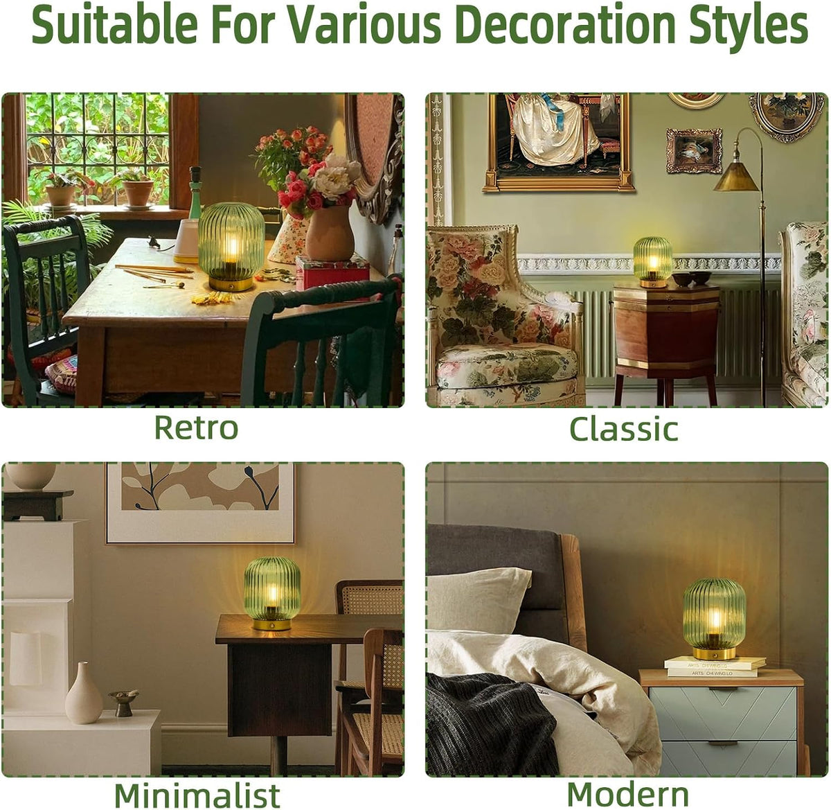MJ PREMIER Rechargeable Table Lamp,Cordless Lamp with Memory Function,Green