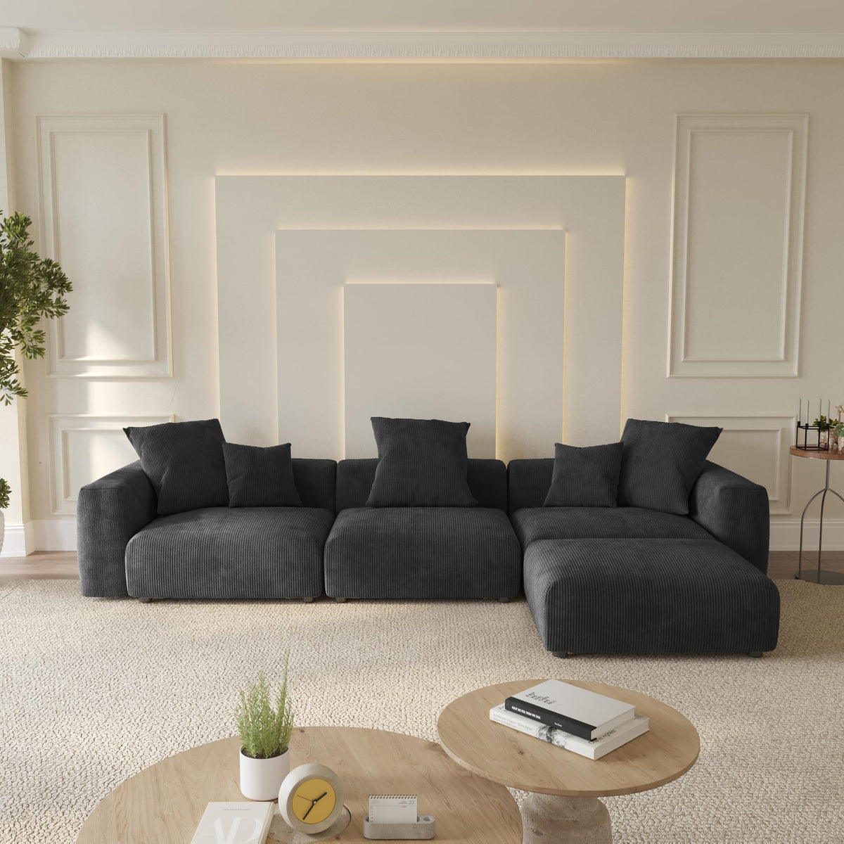 WJShome Cloud Couch Modular Sectional Sofa,141.73inch L Shaped Couch,Oversized Corduroy Couches with Ottoman and Pillows, Beige 4 Seaters Cushion Covers Removable& Washable