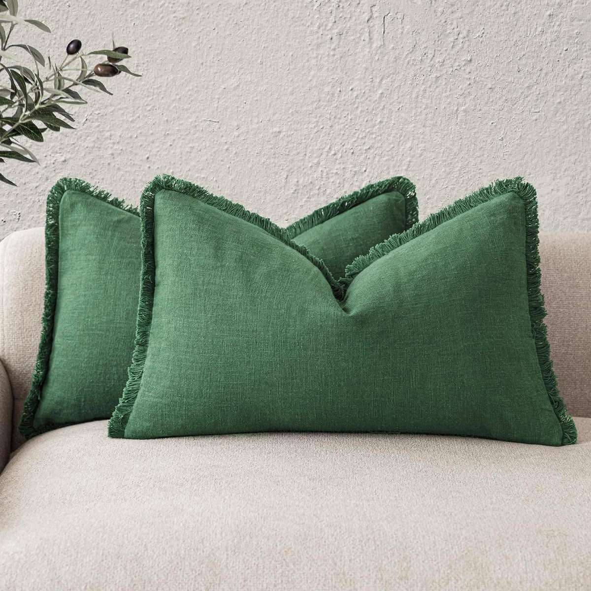 Foindtower Decorative Linen Fringe Throw Pillow Covers 24×24 Olive Green
