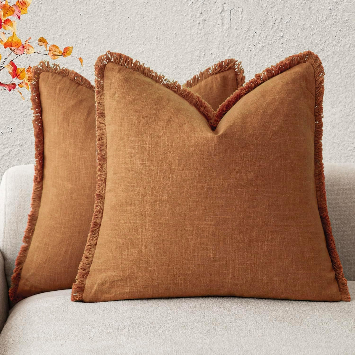 Foindtower Decorative Linen Fringe Throw Pillow Covers 24×24 Olive Green