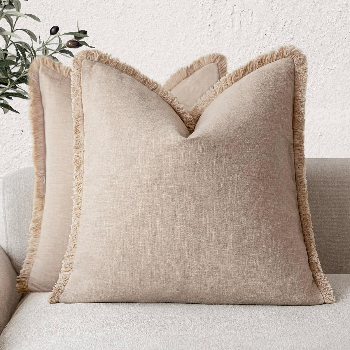 Foindtower Decorative Linen Fringe Throw Pillow Covers 24×24 Olive Green