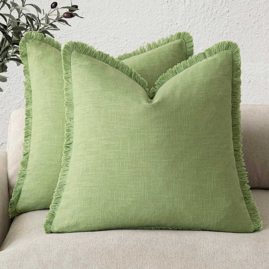 Foindtower Decorative Linen Fringe Throw Pillow Covers 24×24 Olive Green