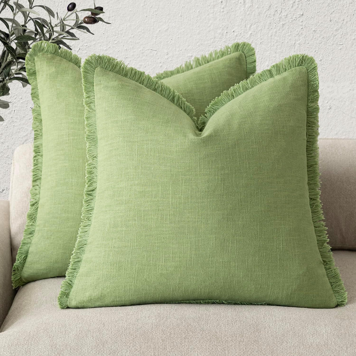 Foindtower Decorative Linen Fringe Throw Pillow Covers 24×24 Olive Green