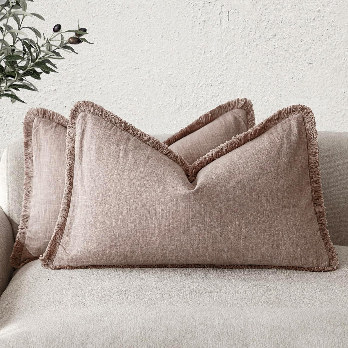 Foindtower Decorative Linen Fringe Throw Pillow Covers 24×24 Olive Green