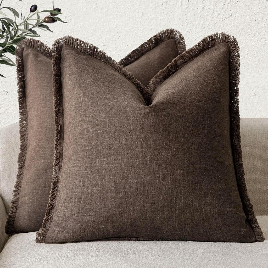 Foindtower Decorative Linen Fringe Throw Pillow Covers 24×24 Olive Green