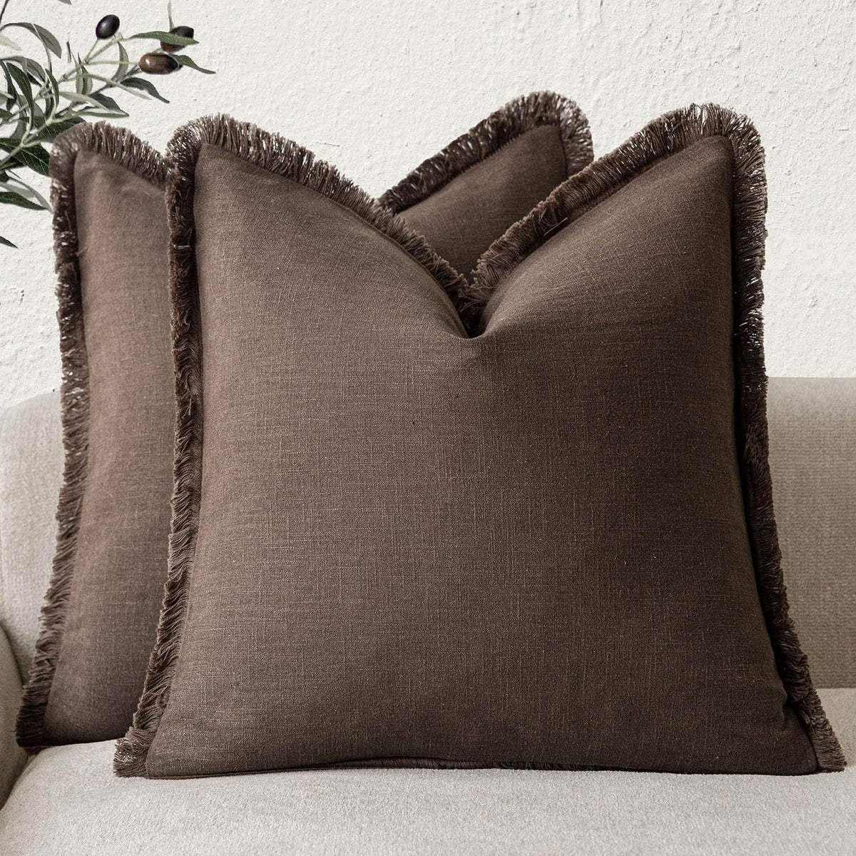 Foindtower Decorative Linen Fringe Throw Pillow Covers 24×24 Olive Green