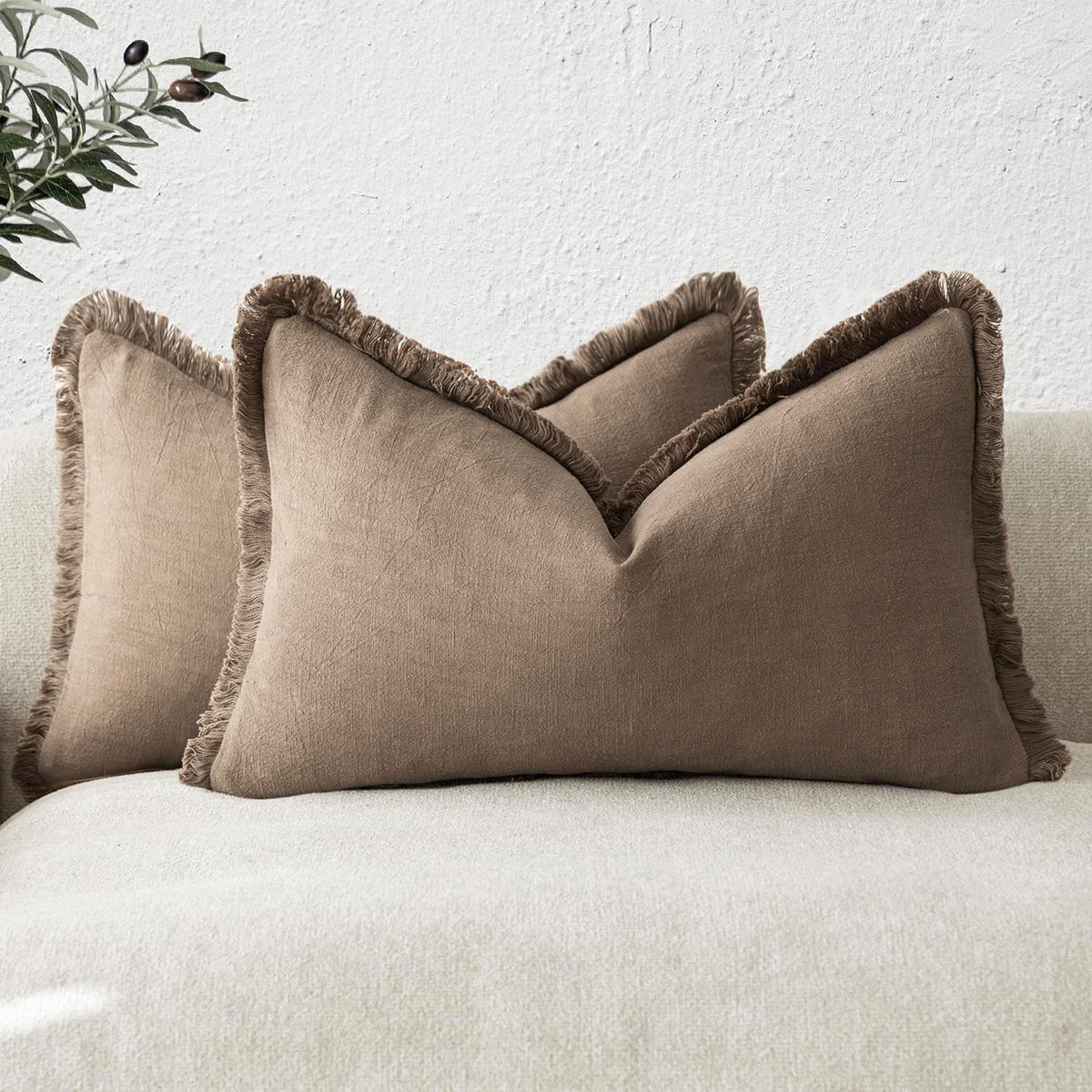 Foindtower Decorative Linen Fringe Throw Pillow Covers 24×24 Olive Green