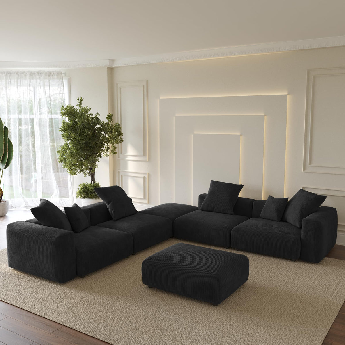 WJShome Cloud Couch Modular Sectional Sofa,141.73inch L Shaped Couch,Oversized Corduroy Couches with Ottoman and Pillows, Beige 4 Seaters Cushion Covers Removable& Washable
