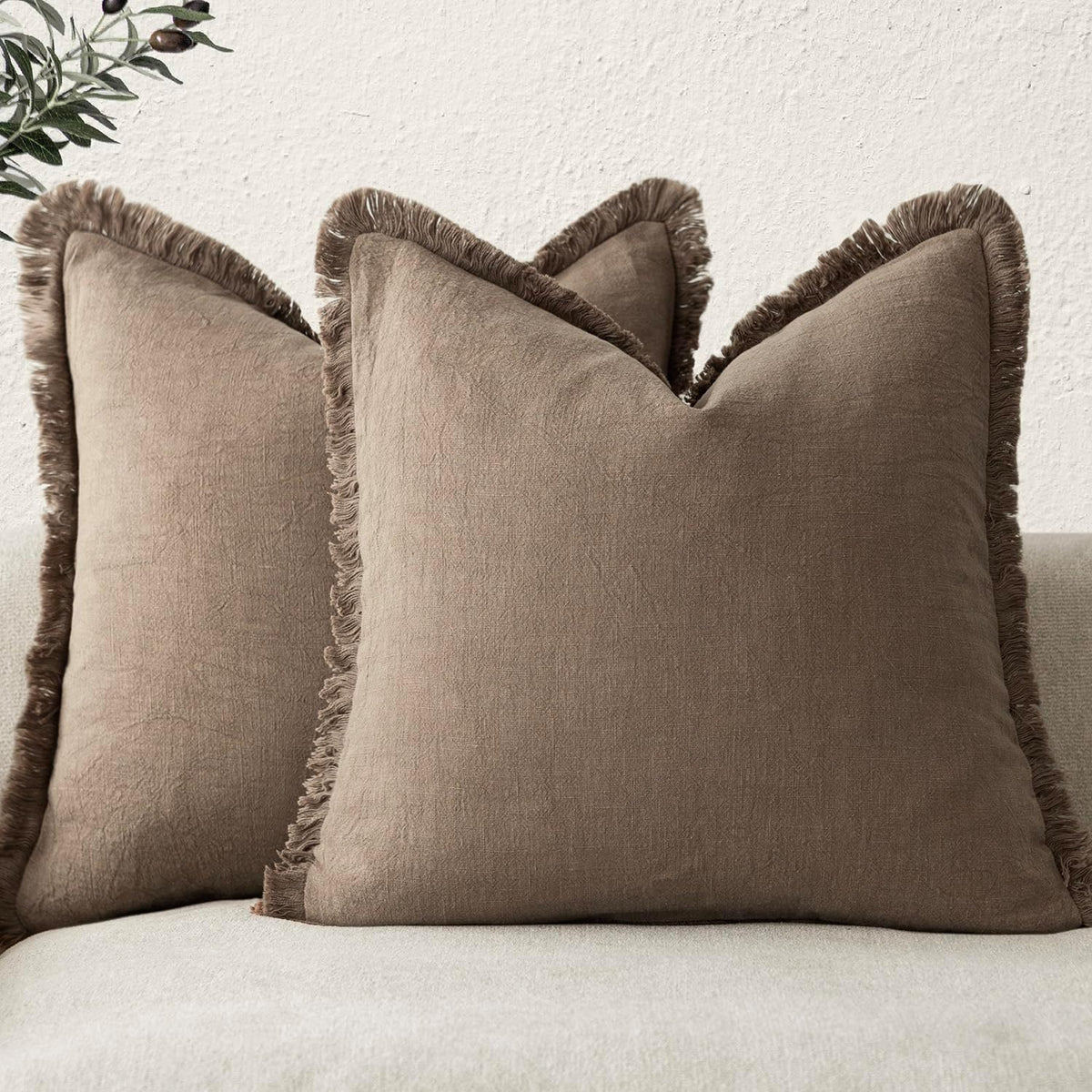 Foindtower Decorative Linen Fringe Throw Pillow Covers 24×24 Olive Green